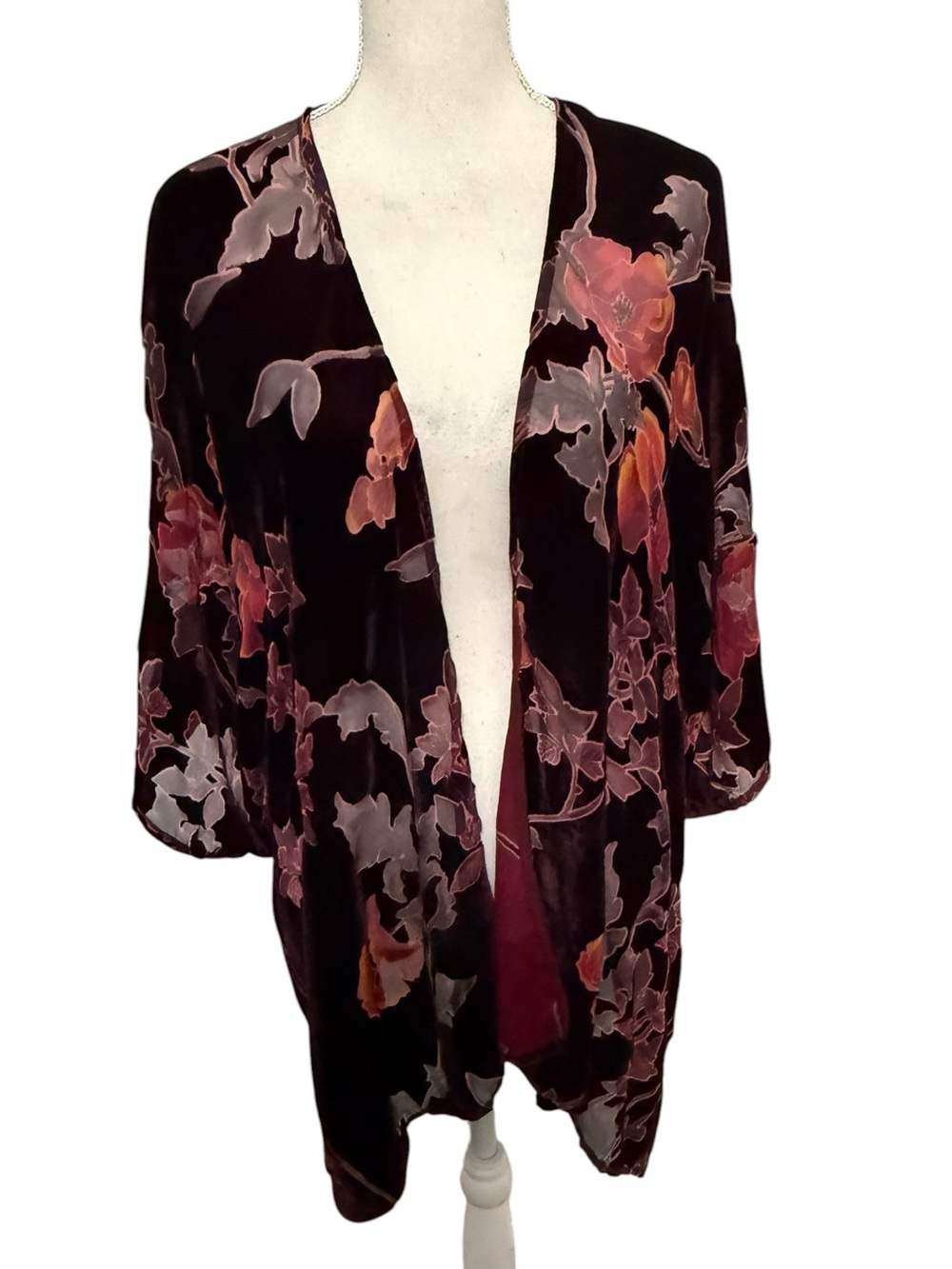 Burgundy Velvet Burnout Floral Kimono Wrap Cardigan Open‎ Front Boho One Size